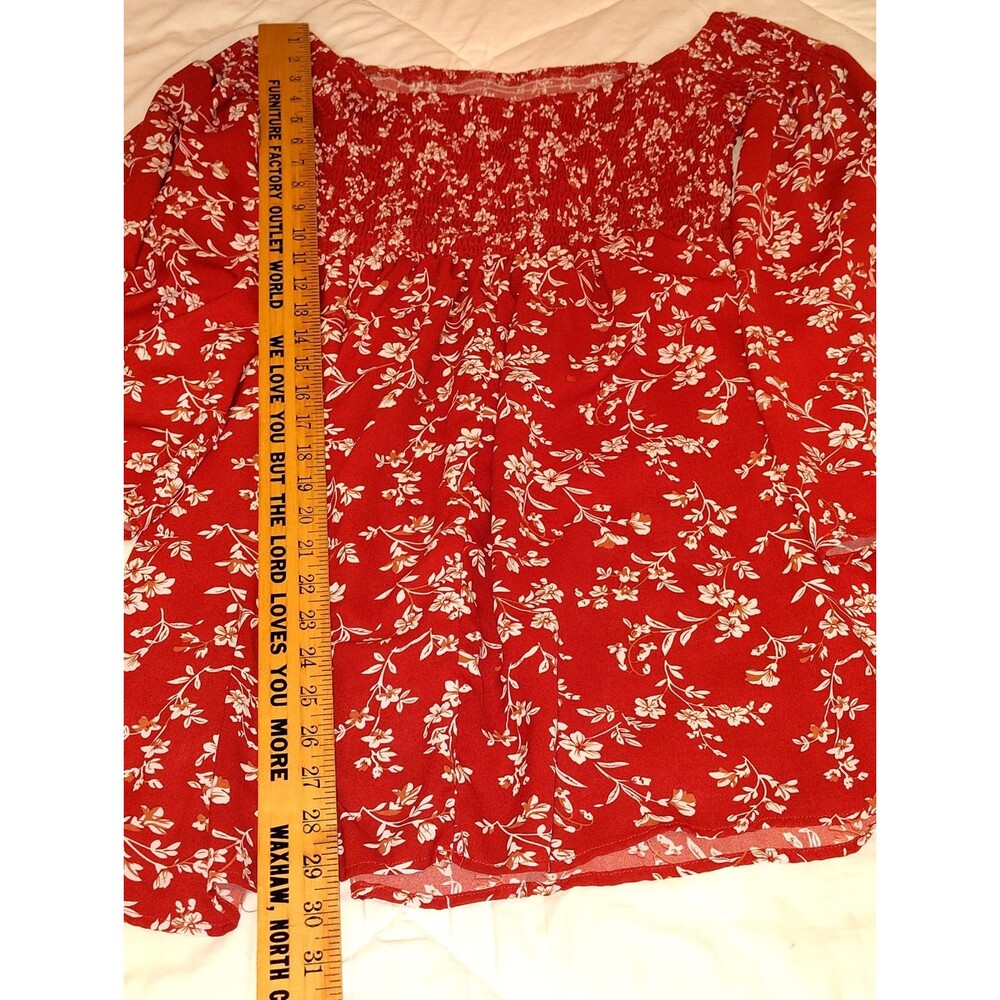 Floral Smocked Off-The-Shoulder Mini Dress Rust Red Boho Bell Sleeve Tunic -... - Picture 4 of 10